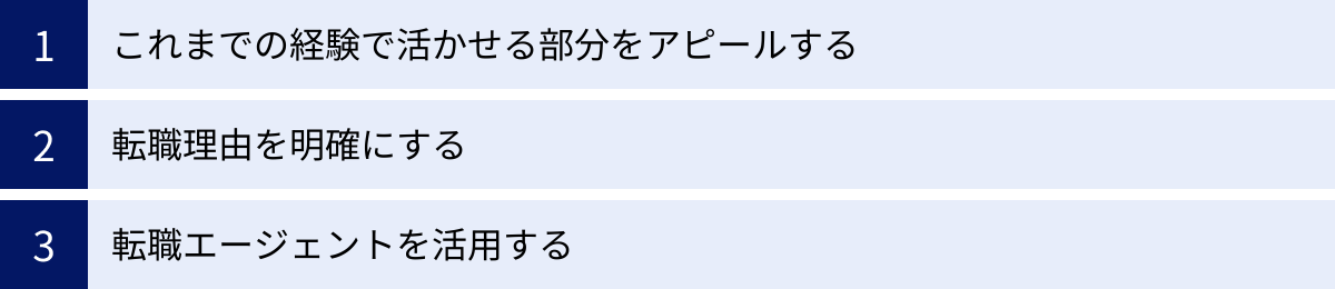 これまでの経験で活かせる部分をアピールする、転職理由を明確にする、転職エージェントを活用する