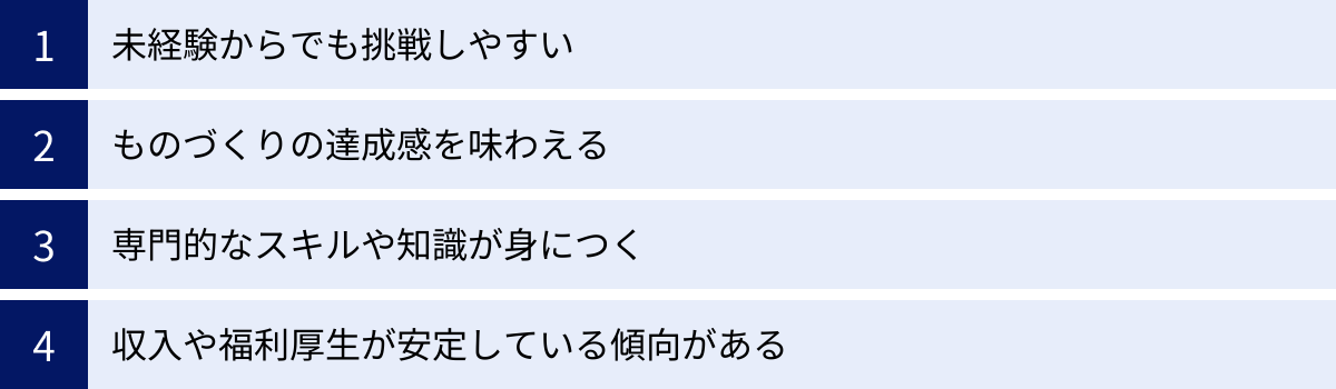 未経験からでも挑戦しやすい、ものづくりの達成感を味わえる、専門的なスキルや知識が身につく、収入や福利厚生が安定している傾向がある
