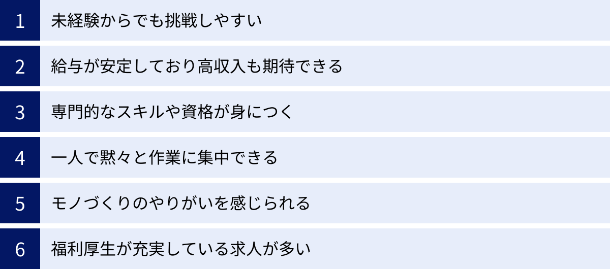 未経験からでも挑戦しやすい、給与が安定しており高収入も期待できる、専門的なスキルや資格が身につく、一人で黙々と作業に集中できる、モノづくりのやりがいを感じられる、福利厚生が充実している求人が多い