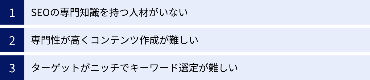SEOの専門知識を持つ人材がいない、専門性が高くコンテンツ作成が難しい、ターゲットがニッチでキーワード選定が難しい