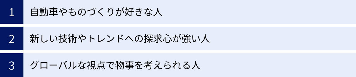 自動車やものづくりが好きな人、新しい技術やトレンドへの探求心が強い人、グローバルな視点で物事を考えられる人