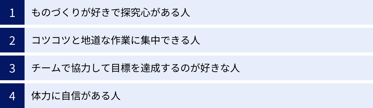 ものづくりが好きで探究心がある人、コツコツと地道な作業に集中できる人、チームで協力して目標を達成するのが好きな人、体力に自信がある人