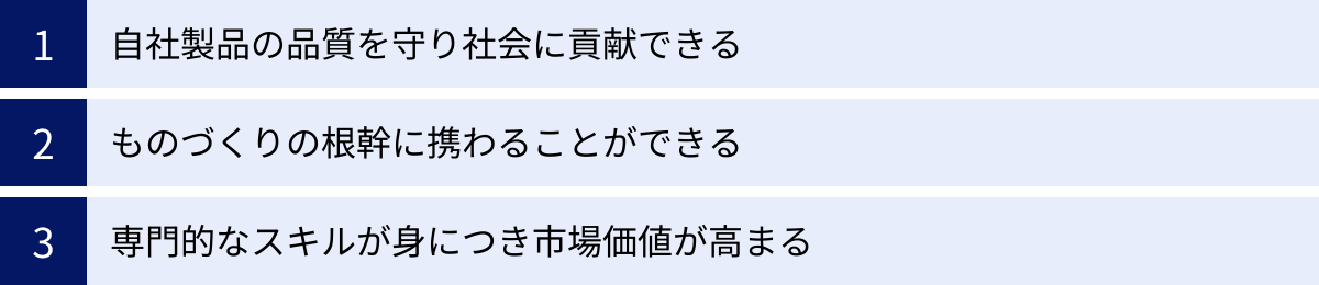 自社製品の品質を守り社会に貢献できる、ものづくりの根幹に携わることができる、専門的なスキルが身につき市場価値が高まる