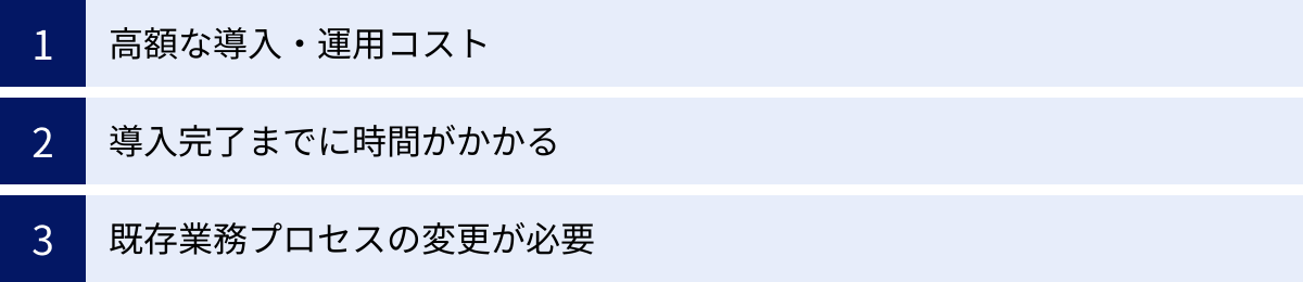 高額な導入・運用コスト、導入完了までに時間がかかる、既存業務プロセスの変更が必要