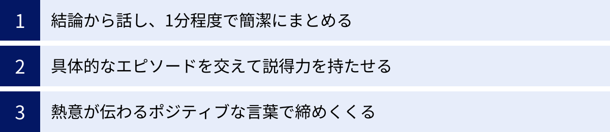 結論から話し、1分程度で簡潔にまとめる、具体的なエピソードを交えて説得力を持たせる、熱意が伝わるポジティブな言葉で締めくくる
