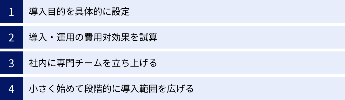 導入目的を具体的に設定、導入・運用の費用対効果を試算、社内に専門チームを立ち上げる、小さく始めて段階的に導入範囲を広げる