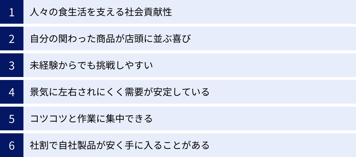 人々の食生活を支える社会貢献性、自分の関わった商品が店頭に並ぶ喜び、未経験からでも挑戦しやすい、景気に左右されにくく需要が安定している、コツコツと作業に集中できる、社割で自社製品が安く手に入ることがある