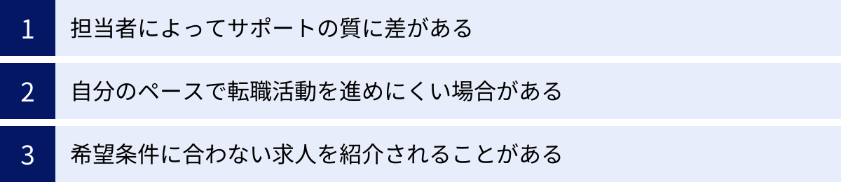 担当者によってサポートの質に差がある、自分のペースで転職活動を進めにくい場合がある、希望条件に合わない求人を紹介されることがある