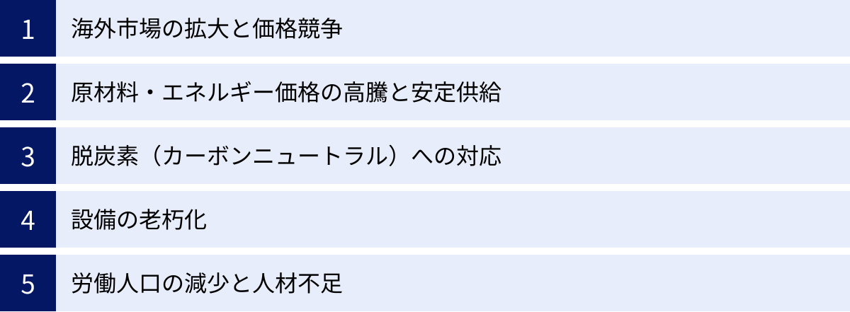 海外市場の拡大と価格競争、原材料・エネルギー価格の高騰と安定供給、脱炭素（カーボンニュートラル）への対応、設備の老朽化、労働人口の減少と人材不足