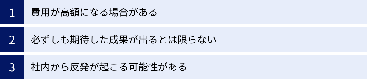 費用が高額になる場合がある、必ずしも期待した成果が出るとは限らない、社内から反発が起こる可能性がある