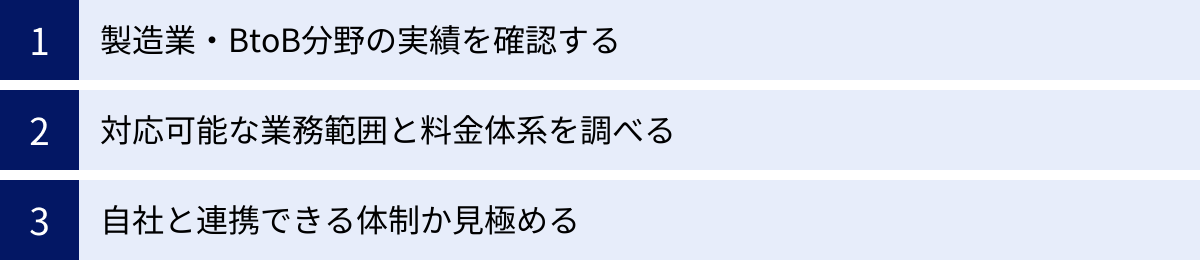 製造業・BtoB分野の実績を確認する、対応可能な業務範囲と料金体系を調べる、自社と連携できる体制か見極める