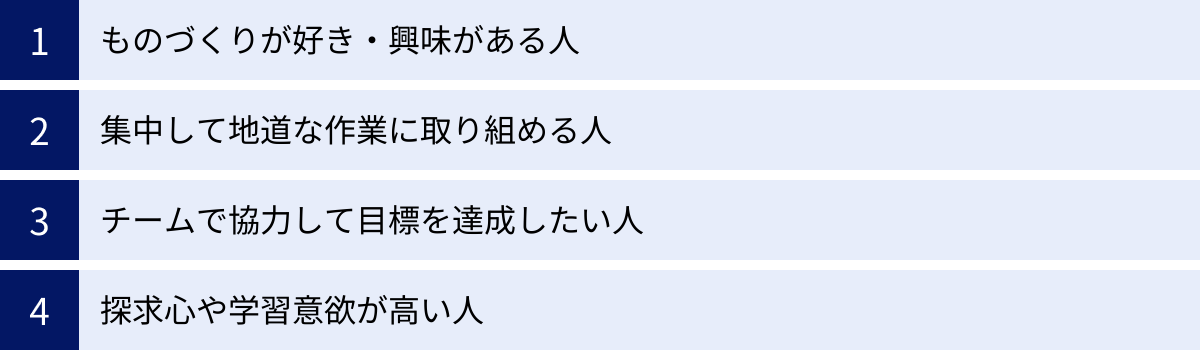 ものづくりが好き・興味がある人、集中して地道な作業に取り組める人、チームで協力して目標を達成したい人、探求心や学習意欲が高い人