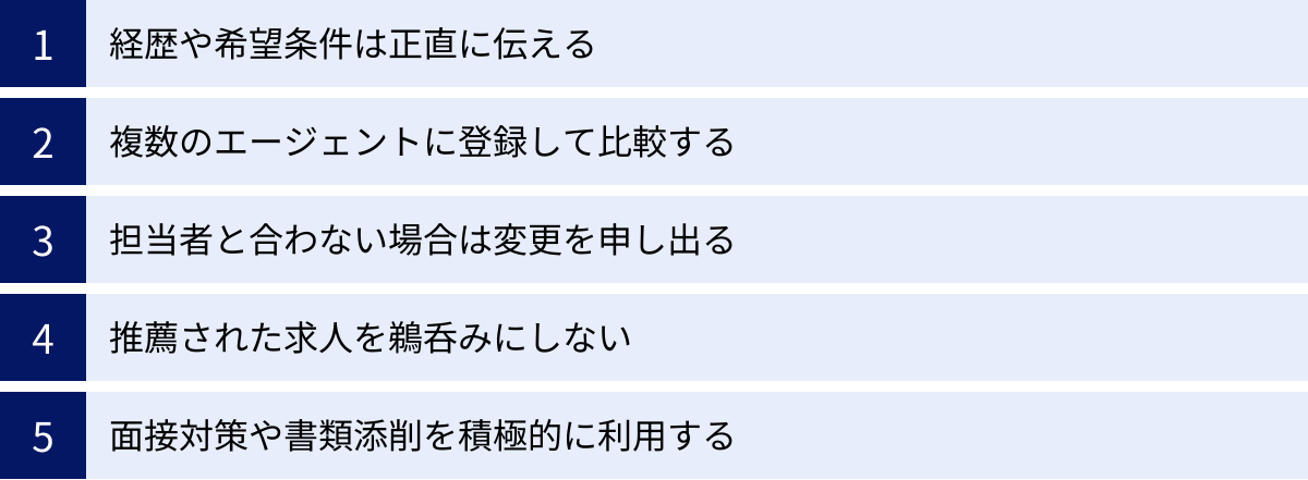 経歴や希望条件は正直に伝える、複数のエージェントに登録して比較する、担当者と合わない場合は変更を申し出る、推薦された求人を鵜呑みにしない、面接対策や書類添削を積極的に利用する
