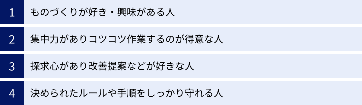 ものづくりが好き・興味がある人、集中力がありコツコツ作業するのが得意な人、探求心があり改善提案などが好きな人、決められたルールや手順をしっかり守れる人