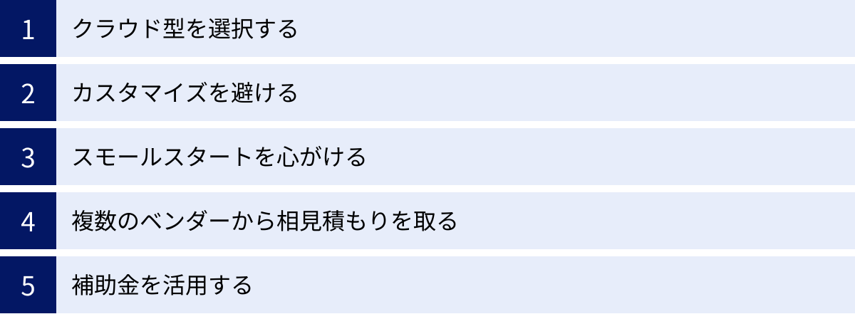 クラウド型を選択する、カスタマイズを避ける、スモールスタートを心がける、複数のベンダーから相見積もりを取る、補助金を活用する