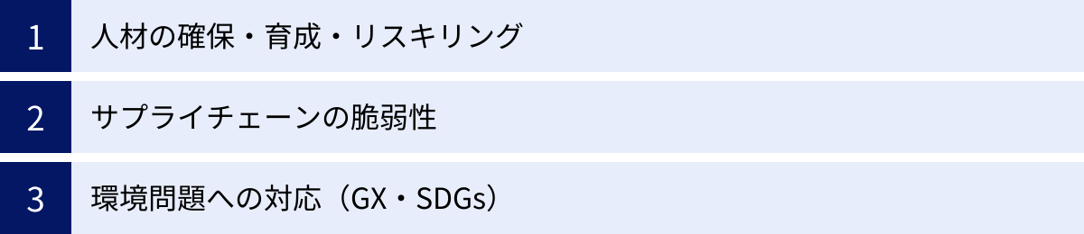 人材の確保・育成・リスキリング、サプライチェーンの脆弱性、環境問題への対応（GX・SDGs）