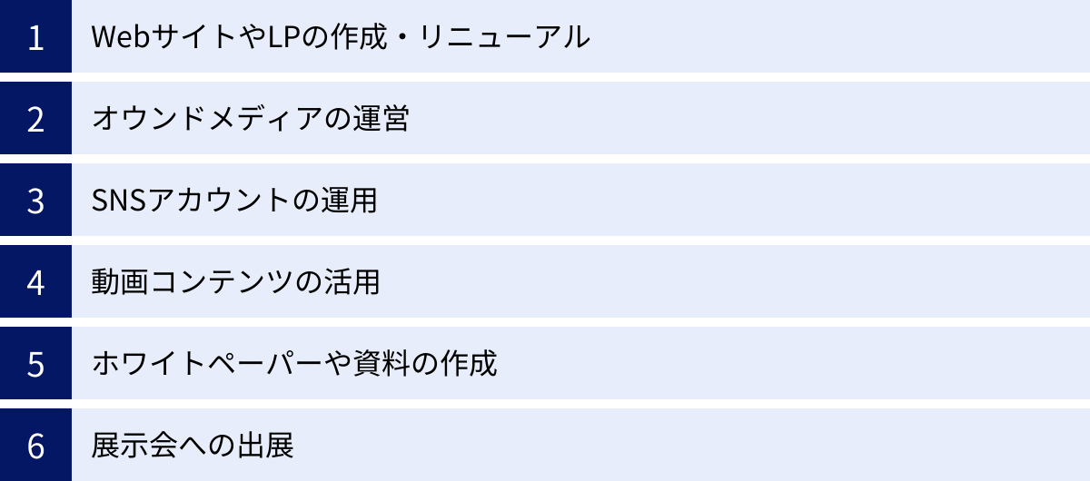 WebサイトやLPの作成・リニューアル、オウンドメディアの運営、SNSアカウントの運用、動画コンテンツの活用、ホワイトペーパーや資料の作成、展示会への出展