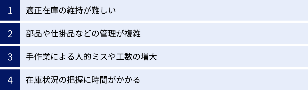 適正在庫の維持が難しい、部品や仕掛品などの管理が複雑、手作業による人的ミスや工数の増大、在庫状況の把握に時間がかかる
