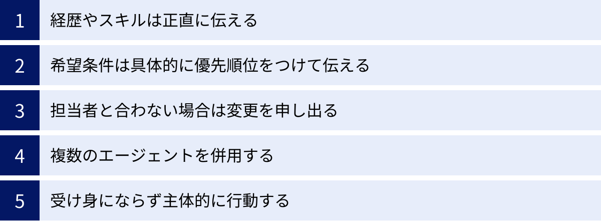 経歴やスキルは正直に伝える、希望条件は具体的に優先順位をつけて伝える、担当者と合わない場合は変更を申し出る、複数のエージェントを併用する、受け身にならず主体的に行動する