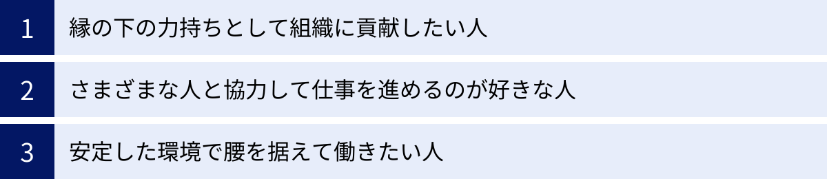 縁の下の力持ちとして組織に貢献したい人、さまざまな人と協力して仕事を進めるのが好きな人、安定した環境で腰を据えて働きたい人