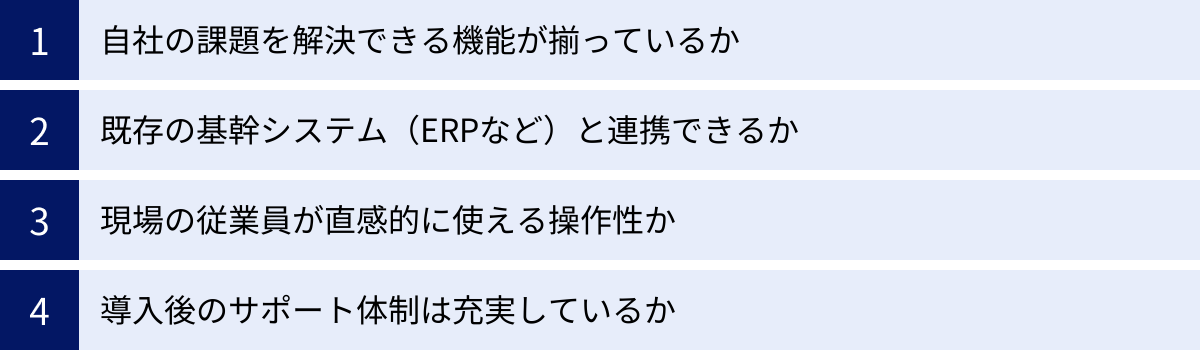自社の課題を解決できる機能が揃っているか、既存の基幹システム（ERPなど）と連携できるか、現場の従業員が直感的に使える操作性か、導入後のサポート体制は充実しているか