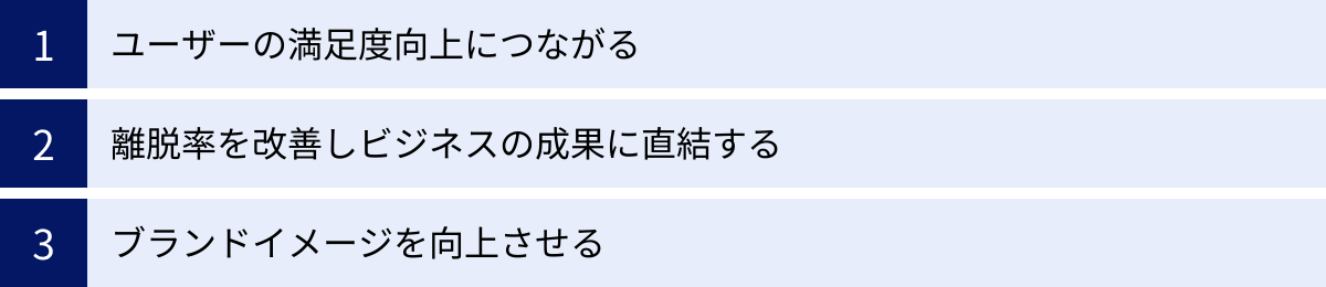 ユーザーの満足度向上につながる、離脱率を改善しビジネスの成果に直結する、ブランドイメージを向上させる