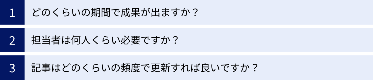 どのくらいの期間で成果が出ますか？、担当者は何人くらい必要ですか？、記事はどのくらいの頻度で更新すれば良いですか？