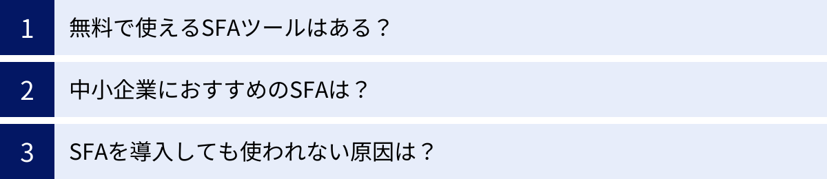 無料で使えるSFAツールはある？、中小企業におすすめのSFAは？、SFAを導入しても使われない原因は？