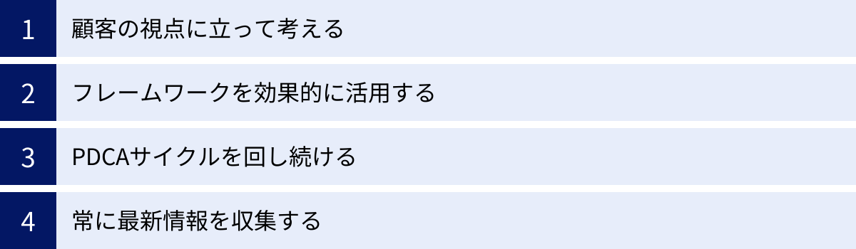 顧客の視点に立って考える、フレームワークを効果的に活用する、PDCAサイクルを回し続ける、常に最新情報を収集する