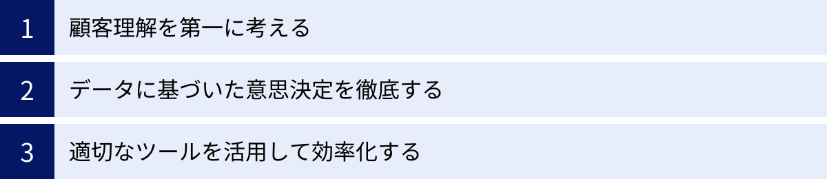 顧客理解を第一に考える、データに基づいた意思決定を徹底する、適切なツールを活用して効率化する