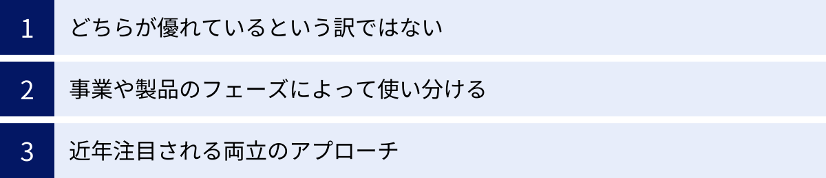 どちらが優れているという訳ではない、事業や製品のフェーズによって使い分ける、近年注目される両立のアプローチ
