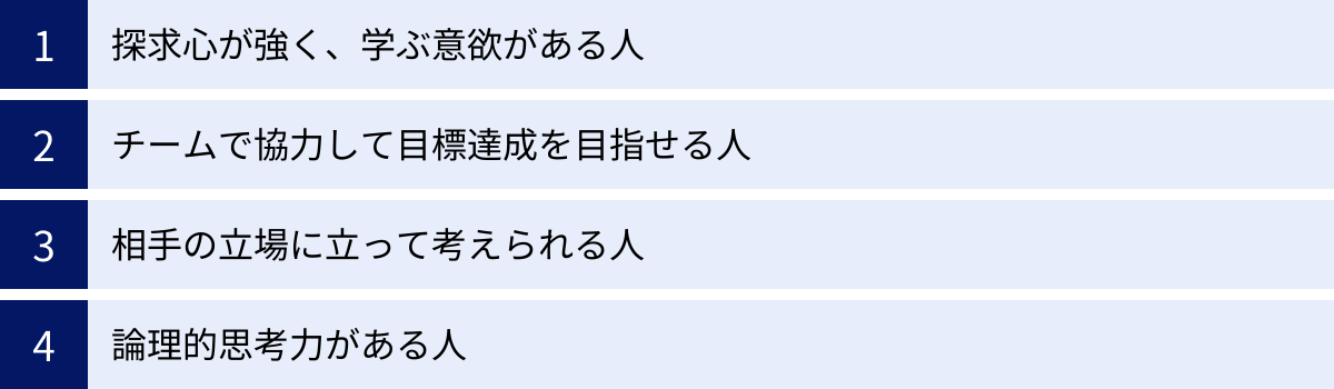 探求心が強く、学ぶ意欲がある人、チームで協力して目標達成を目指せる人、相手の立場に立って考えられる人、論理的思考力がある人