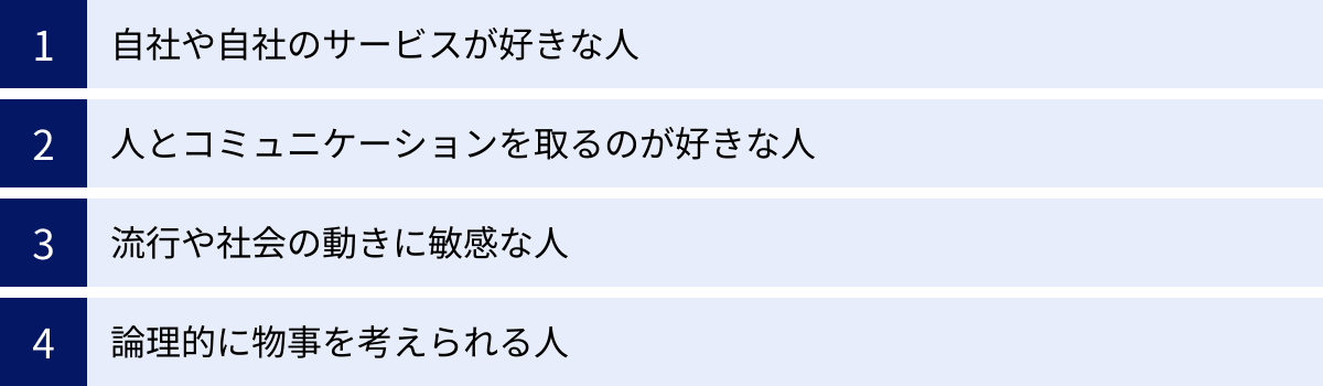 自社や自社のサービスが好きな人、人とコミュニケーションを取るのが好きな人、流行や社会の動きに敏感な人、論理的に物事を考えられる人