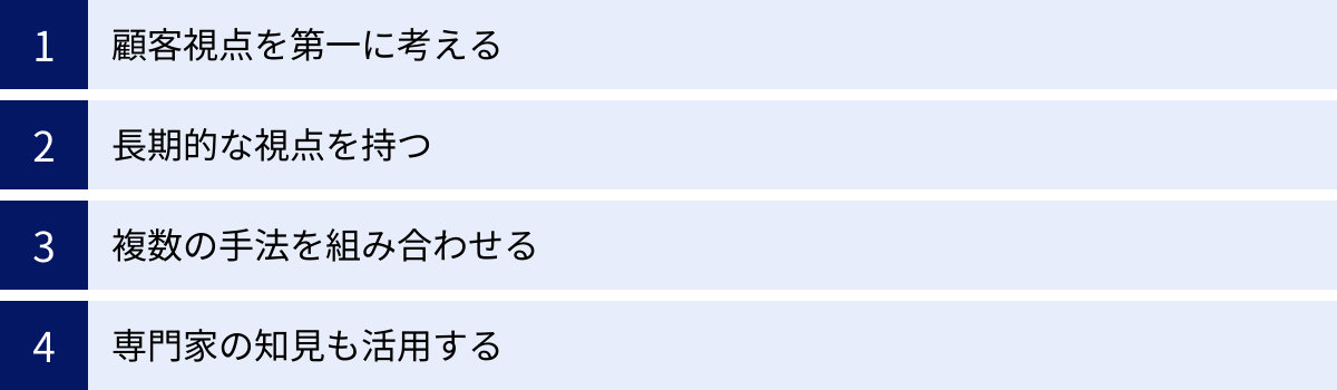 顧客視点を第一に考える、長期的な視点を持つ、複数の手法を組み合わせる、専門家の知見も活用する