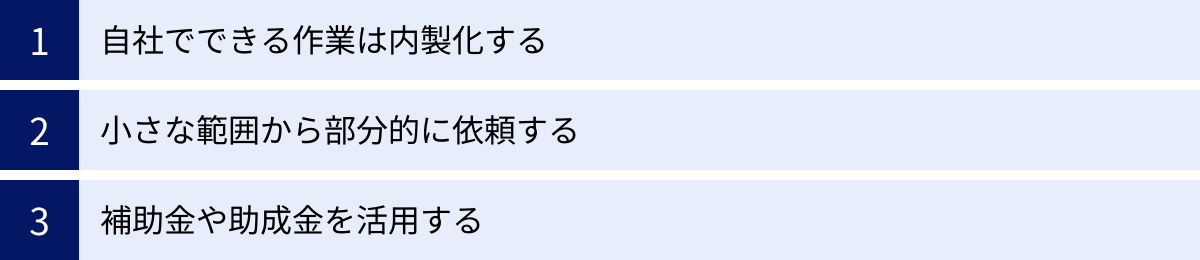 自社でできる作業は内製化する、小さな範囲から部分的に依頼する、補助金や助成金を活用する