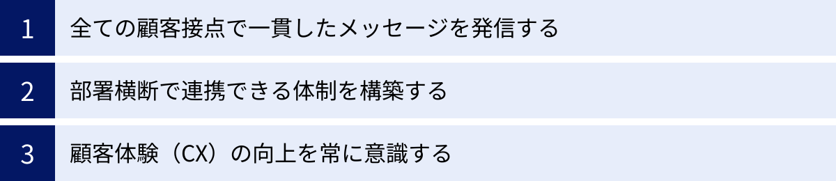 全ての顧客接点で一貫したメッセージを発信する、部署横断で連携できる体制を構築する、顧客体験（CX）の向上を常に意識する