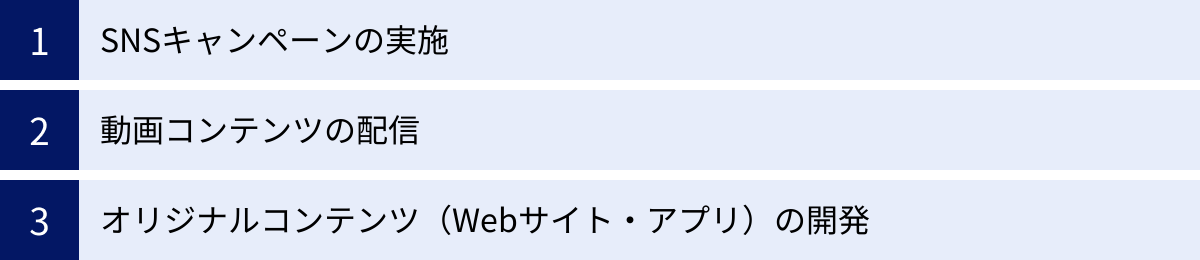 SNSキャンペーンの実施、動画コンテンツの配信、オリジナルコンテンツ（Webサイト・アプリ）の開発