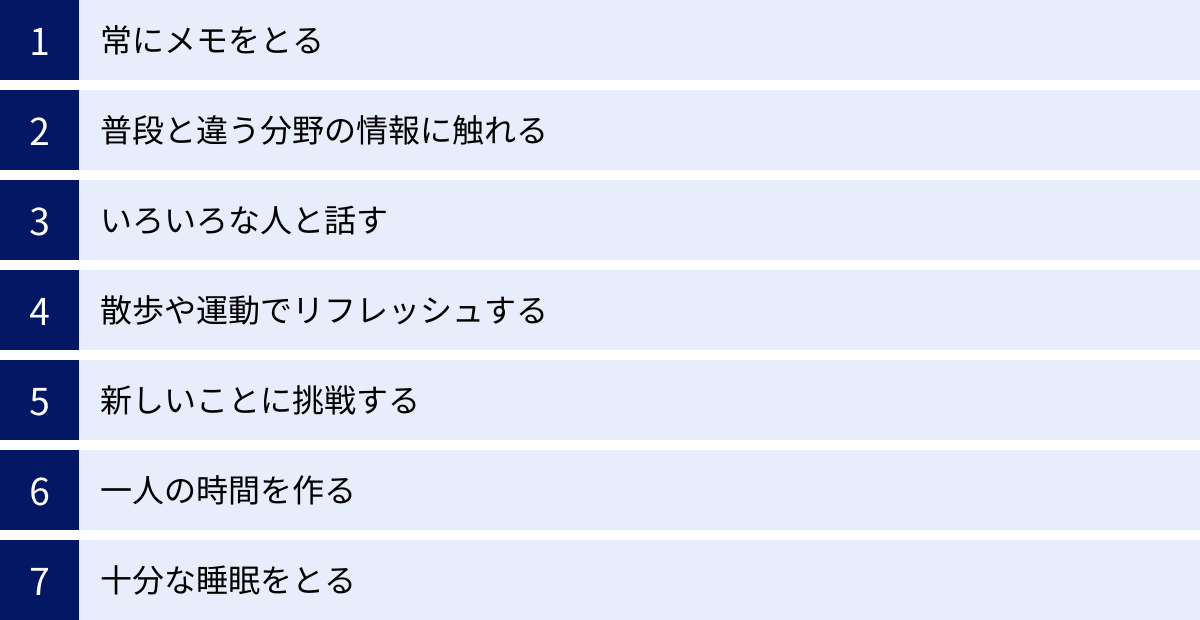 常にメモをとる、普段と違う分野の情報に触れる、いろいろな人と話す、散歩や運動でリフレッシュする、新しいことに挑戦する、一人の時間を作る、十分な睡眠をとる