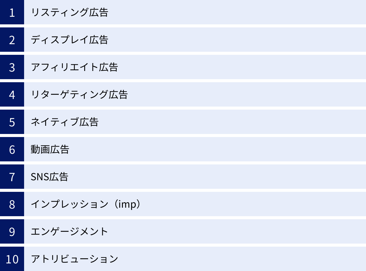 リスティング広告、ディスプレイ広告、アフィリエイト広告、リターゲティング広告、ネイティブ広告、動画広告、SNS広告、インプレッション（imp）、エンゲージメント、アトリビューション