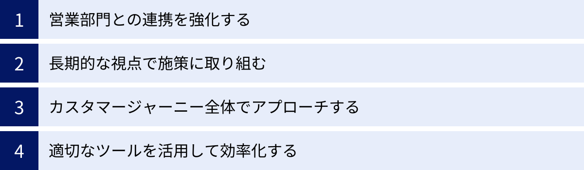 営業部門との連携を強化する、長期的な視点で施策に取り組む、カスタマージャーニー全体でアプローチする、適切なツールを活用して効率化する
