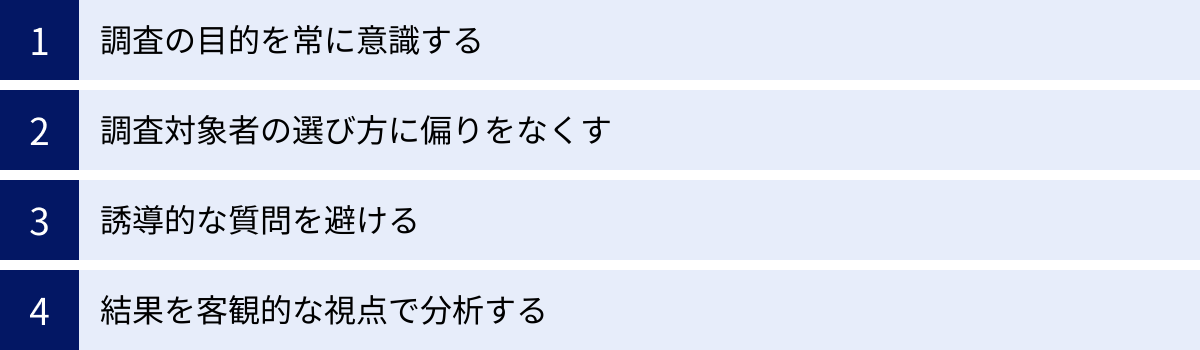 調査の目的を常に意識する、調査対象者の選び方に偏りをなくす、誘導的な質問を避ける、結果を客観的な視点で分析する