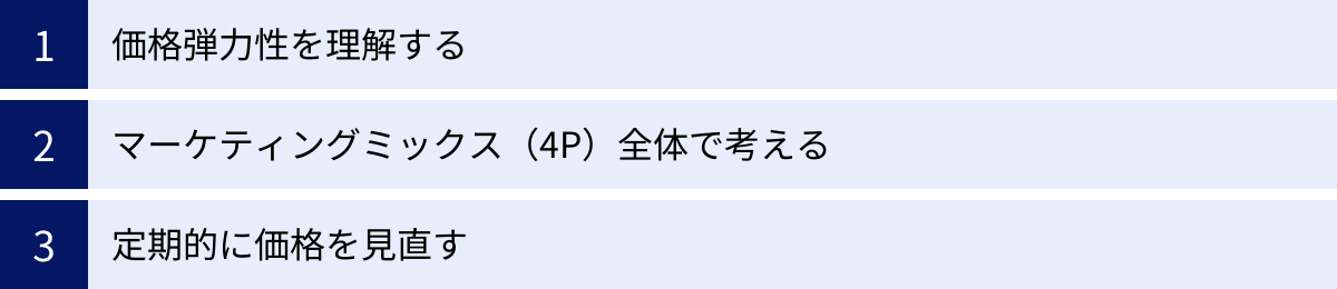 価格弾力性を理解する、マーケティングミックス（4P）全体で考える、定期的に価格を見直す