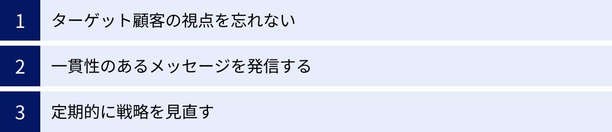 ターゲット顧客の視点を忘れない、一貫性のあるメッセージを発信する、定期的に戦略を見直す