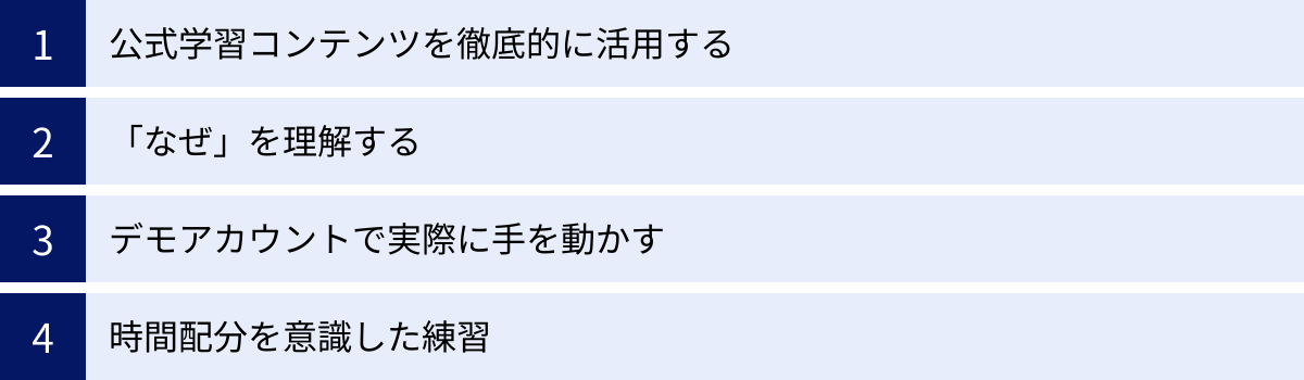 公式学習コンテンツを徹底的に活用する、「なぜ」を理解する、デモアカウントで実際に手を動かす、時間配分を意識した練習