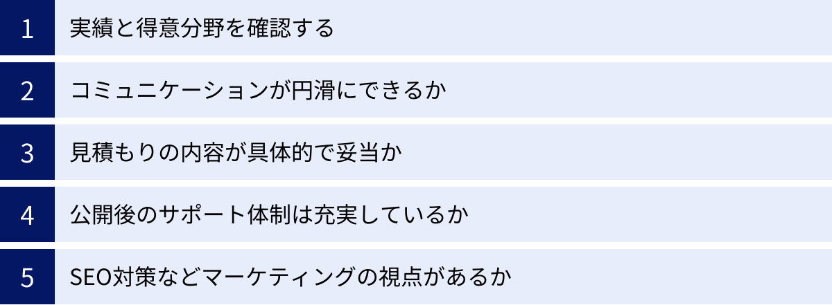 実績と得意分野を確認する、コミュニケーションが円滑にできるか、見積もりの内容が具体的で妥当か、公開後のサポート体制は充実しているか、SEO対策などマーケティングの視点があるか