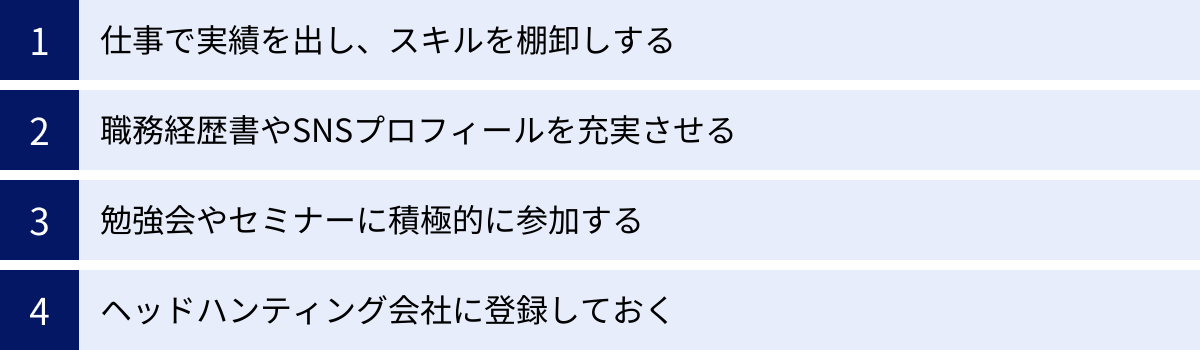 仕事で実績を出し、スキルを棚卸しする、職務経歴書やSNSプロフィールを充実させる、勉強会やセミナーに積極的に参加する、ヘッドハンティング会社に登録しておく