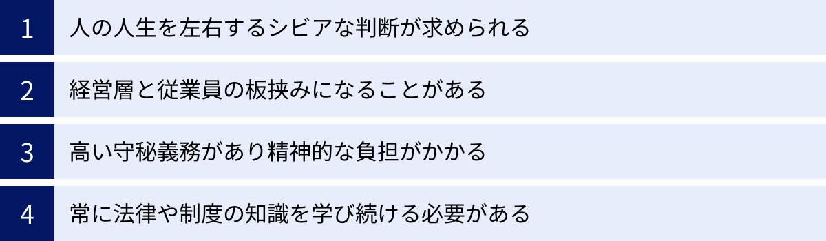 人の人生を左右するシビアな判断が求められる、経営層と従業員の板挟みになることがある、高い守秘義務があり精神的な負担がかかる、常に法律や制度の知識を学び続ける必要がある