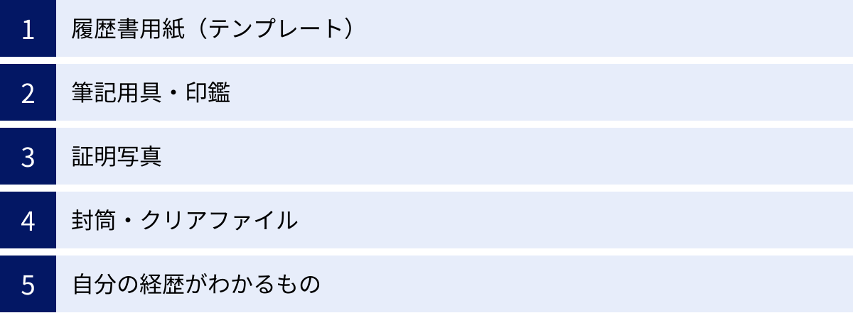履歴書用紙（テンプレート）、筆記用具・印鑑、証明写真、封筒・クリアファイル、自分の経歴がわかるもの