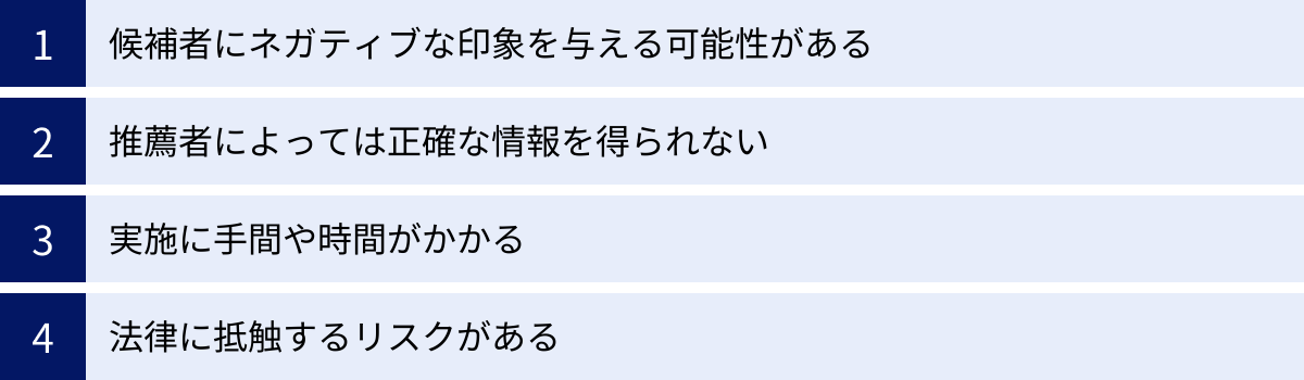 候補者にネガティブな印象を与える可能性がある、推薦者によっては正確な情報を得られない、実施に手間や時間がかかる、法律に抵触するリスクがある
