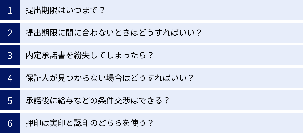 提出期限はいつまで？、提出期限に間に合わないときはどうすればいい？、内定承諾書を紛失してしまったら？、保証人が見つからない場合はどうすればいい？、承諾後に給与などの条件交渉はできる？、押印は実印と認印のどちらを使う？
